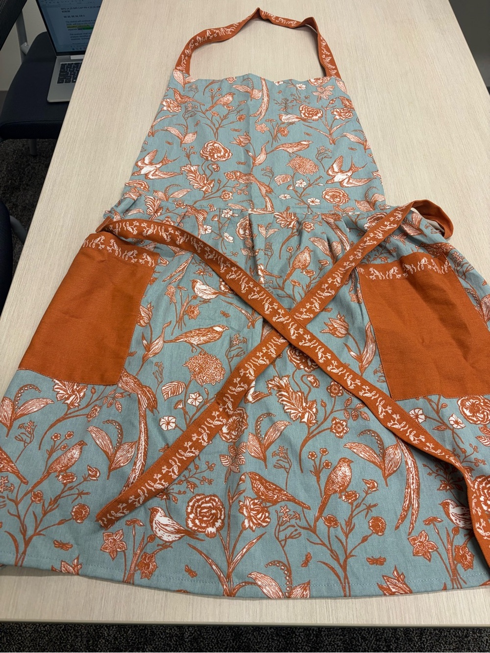 World Market Apron Light Blue and Orange Floral Bird Apron with Pockets - Picture 4 of 10